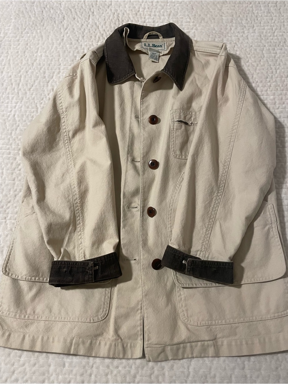 L.L. Bean Cream Canvas Jacket with Contrast Brown Collar for Women